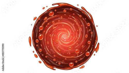 A vibrant red liquid vortex with glossy bubbles swirling against a white background, creating a dynamic abstract effect.
