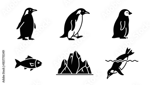 Black and white icon set featuring various penguins, a fish, an iceberg, and a diving penguin, representing Antarctic wildlife.