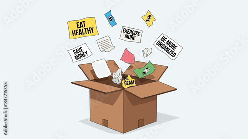 An illustration of an open cardboard box overflowing with papers and notes representing various life goals and resolutions.