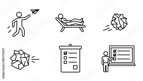 Line art icons illustrating concepts of work, relaxation, and task completion.