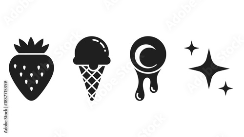 Four black silhouette icons featuring a strawberry, an ice cream cone, a melting moon, and sparkling stars on a white background.