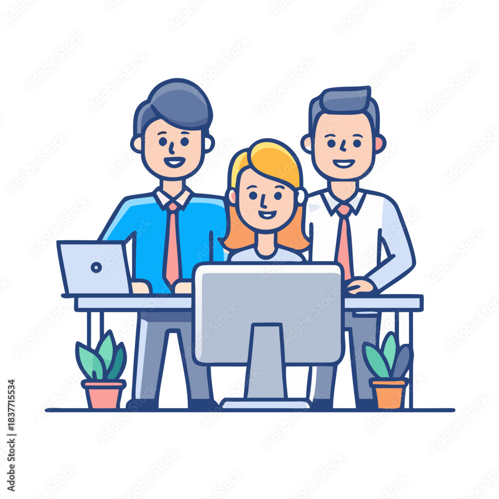 Obraz premium Business team at the desktop. Happy colleagues working together. Portrait of office workers