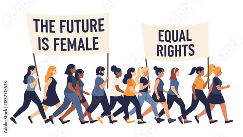 Illustration of diverse women marching for equal rights white