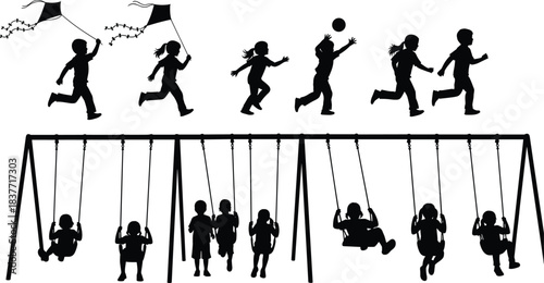 Silhouette group of children playing outdoors on swings, running with kites, and enjoying active fun activities in playground environment together