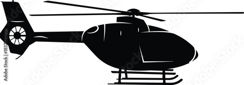 Silhouette illustration of modern helicopter aircraft with rotor blades, aviation transport design, emergency rescue vehicle, air travel icon and flight equipment graphic