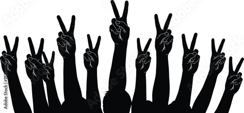 Silhouette group of raised hands showing peace signs symbolizing unity, freedom, protest, celebration, and positive expression in a crowd illustration