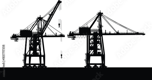 Detailed silhouette illustration of large industrial port cranes used for cargo loading, construction work, heavy lifting and transportation operations