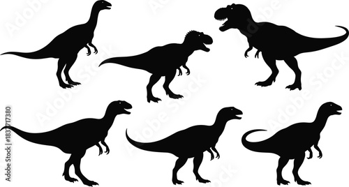 Collection of dinosaur silhouettes in various poses isolated on white background, prehistoric animal figures for scientific illustration and creative design