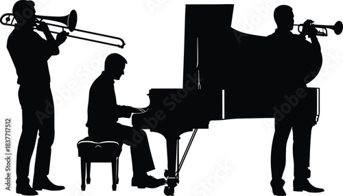 Silhouette of jazz musicians performing with piano, trumpet, and trombone creating musical harmony, live band performance, artistic instrumental illustration