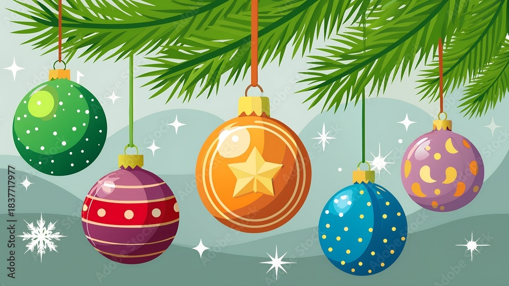 Naklejka premium Colorful hanging Christmas baubles vector illustration under pine branches with stars and snowflakes — festive ornament in green, orange, purple, blue and red for seasonal background winter landscape