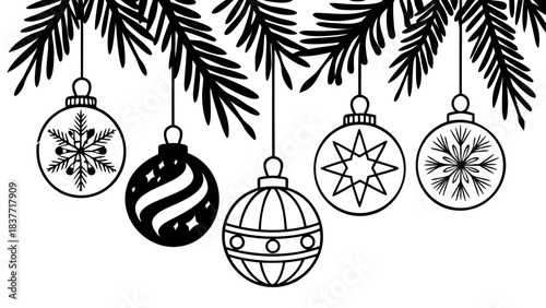 Colorful hanging Christmas baubles vector illustration under pine branches with stars and snowflakes — festive ornament in green, orange, purple, blue and red for seasonal background winter landscape 