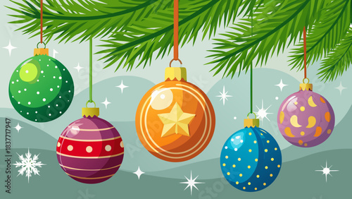 Colorful hanging Christmas baubles vector illustration under pine branches with stars and snowflakes — festive ornament in green, orange, purple, blue and red for seasonal background winter landscape 