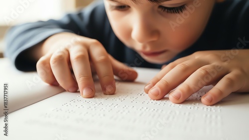 Boy reading braille book close up