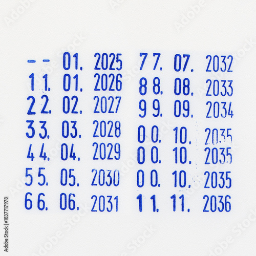 Dater Stamp blue marks with dates and years from 2025 to 2036 stamped on white background.