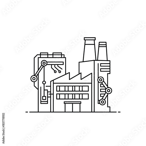 Modern industrial facility showcasing advanced manufacturing with robotic automation, depicted in a sleek line art icon style, representing technological progress and smart production processes