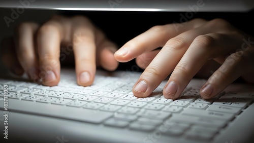 Hands typing on laptop keyboard