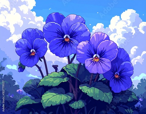 Digitized, close-up depiction of vibrant blue pansies and green foliage