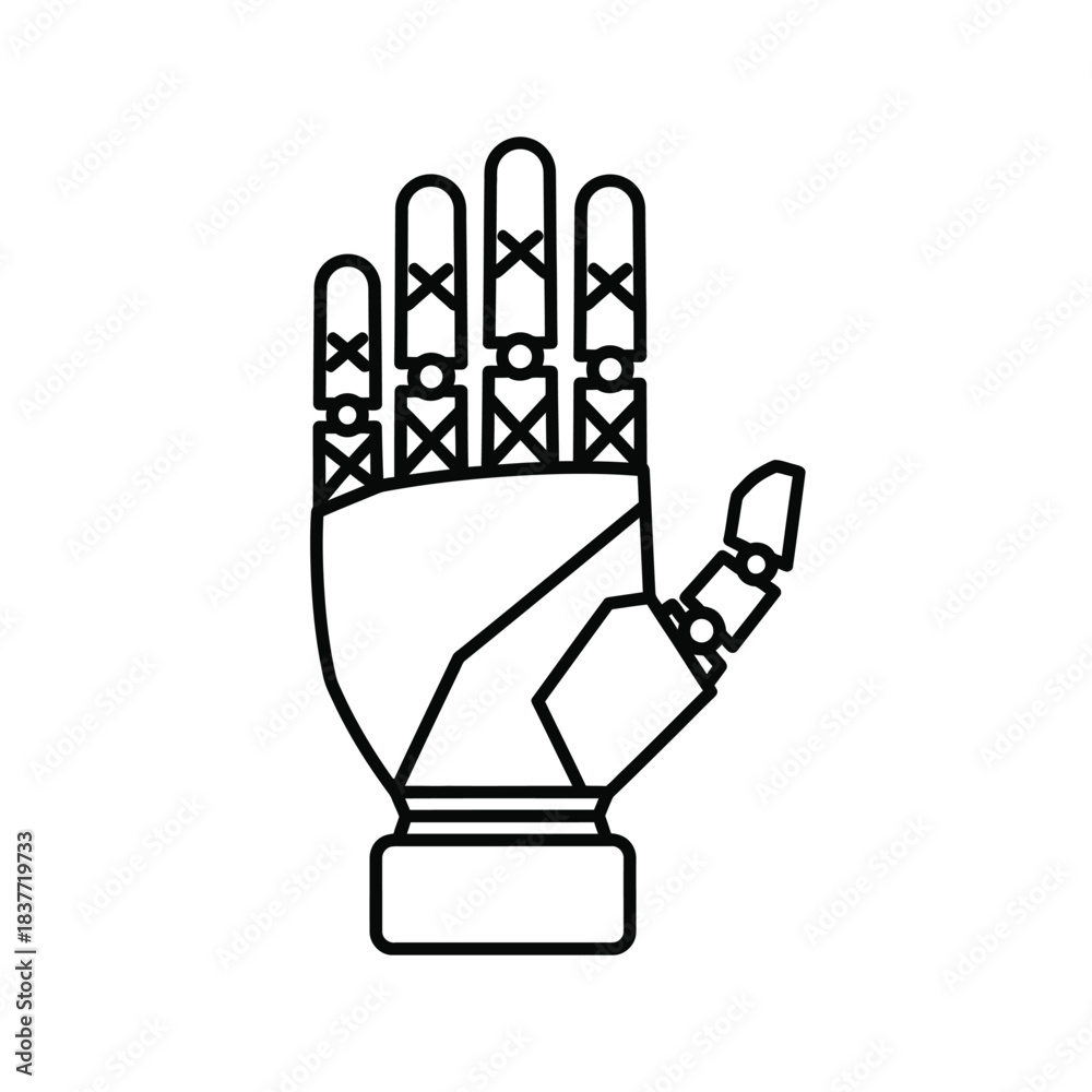 Obraz premium Clean line art depiction of an advanced robotic hand, symbolizing futuristic technology, artificial intelligence progress, and the evolving frontier of human-machine interaction and bionic innovation