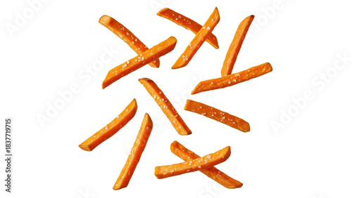 Delicious sweet potato fries with sea salt arranged artistically on a clean white surface, isolated for culinary presentation and creative use