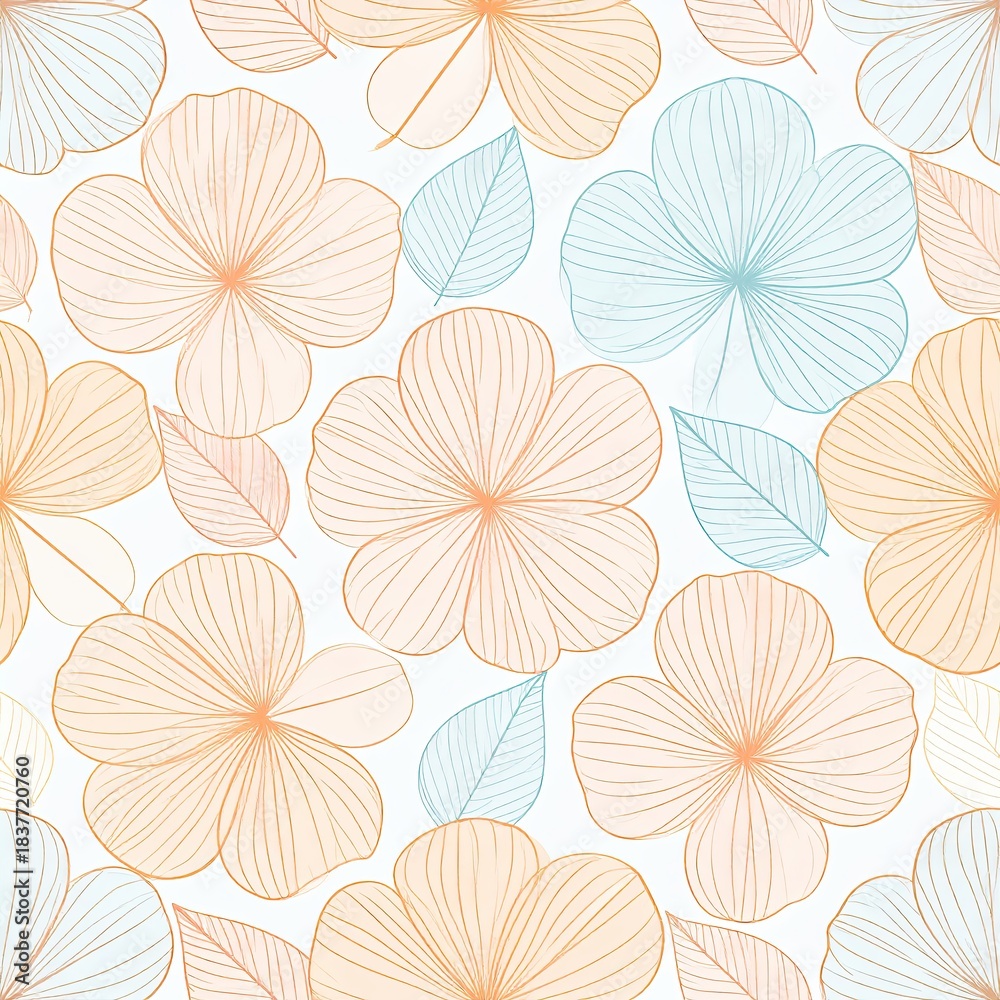 Obraz premium Seamless Floral Pattern with Orange and Blue Outlined Flowers and Leaves