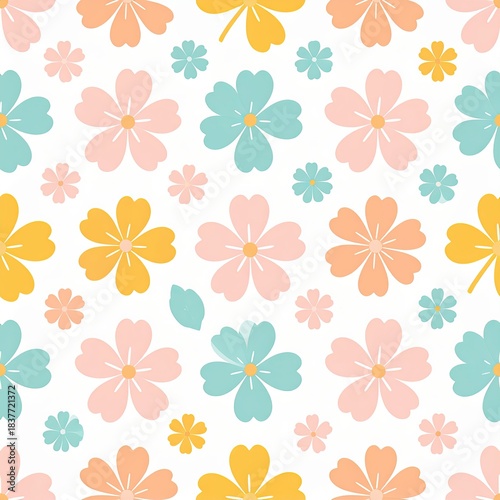 Seamless Floral Pattern with Colorful Flowers, Leaves, and Stems on White Background