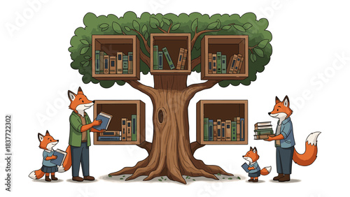 Fox Family Reading at a Whimsical Tree Library
