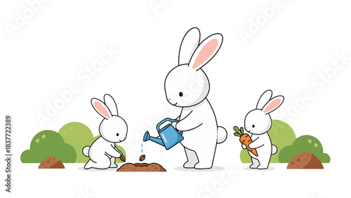 Cute cartoon bunnies enjoying gardening activities.