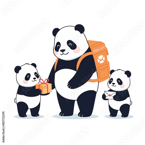 Adorable Panda Family Delivering and Receiving Gifts and Mail