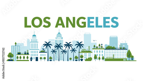 Los Angeles California city skyline flat vector illustration with palm trees