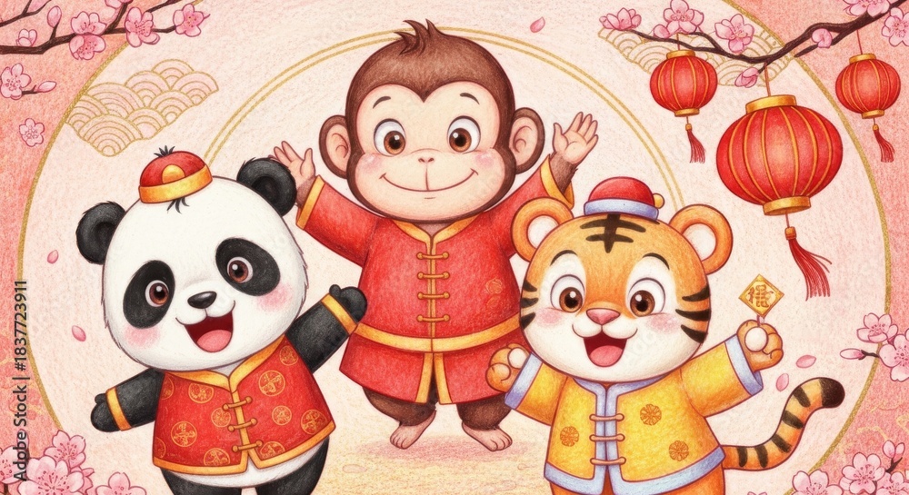 Naklejka premium Charming Cartoon Characters Celebrating Chinese New Year Festivities