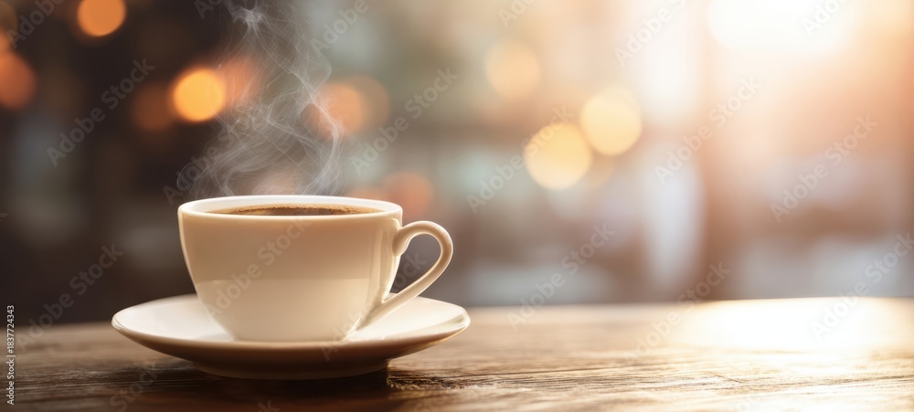 Fototapeta premium The Cup of Coffee on a Wooden Table with Morning Bokeh Light