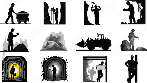 Black and white line art vector collection of miners and laborers using picks and shovels, illustrating heavy manual work, mining, construction, and extraction careers.