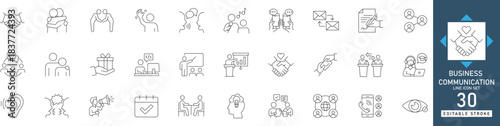 Business communication line icons featuring interpersonal soft skills, discussion, teamwork, meeting, and interaction vector symbols.