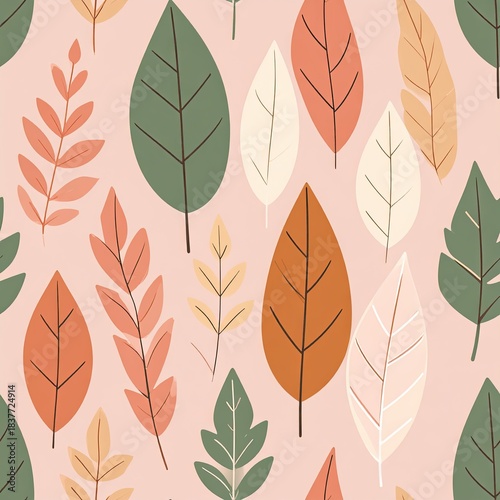 Autumnal Leaf Seamless Pattern in Earth Tones on Light Pink Background