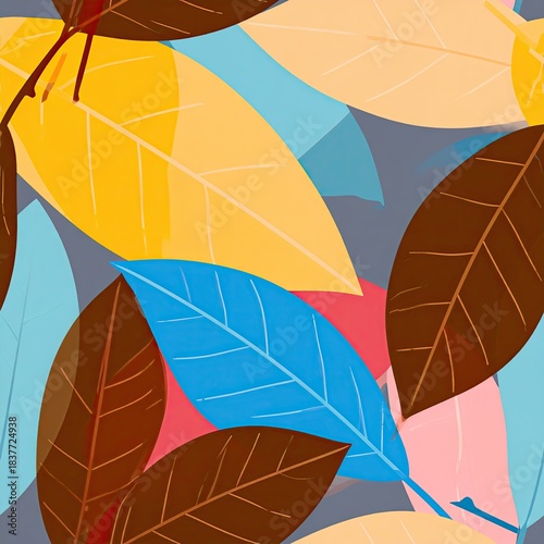 Vibrant Seamless Pattern of Abstract Colorful Leaves, Modern Botanical Design