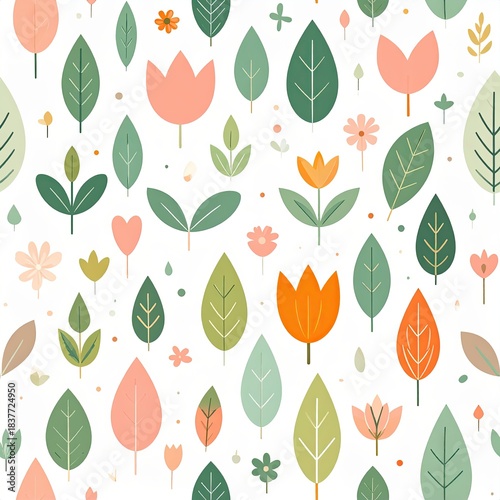 Pastel Floral Seamless Pattern, Delicate Flowers and Leaves on White Background Design