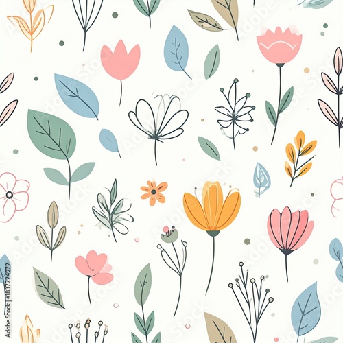 Seamless Floral Pattern with Pastel Flowers and Leaves on Cream Background