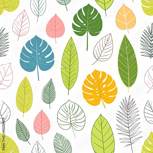 Vibrant Tropical Leaves Seamless Pattern with Monstera and Palm on White