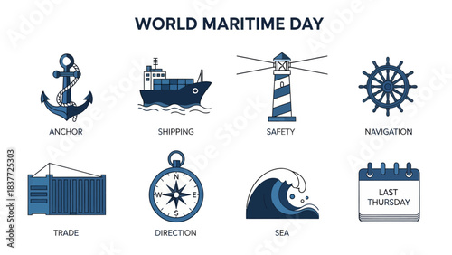 Eight blue and white icons related to World Maritime Day including anchor ship lighthouse and calendar