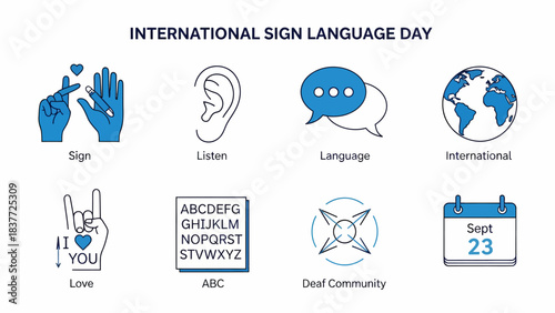 Eight blue and black icons illustrating concepts related to International Sign Language Day