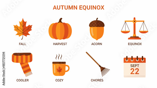 Eight flat icons related to the Autumn Equinox arranged in two rows