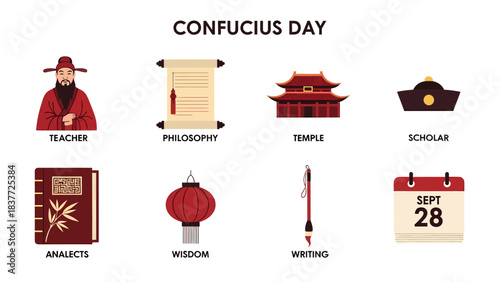 Eight icons related to Confucius Day including a teacher scroll temple and calendar