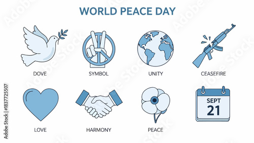 Eight icons related to World Peace Day on white background