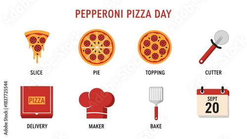 Eight icons representing pepperoni pizza day elements slice pie topping cutter box chef hat spatula and calendar