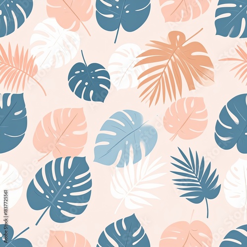 Seamless Pattern with Tropical Leaves in Pastel Colors on a Light Pink Background