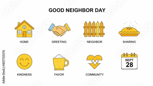Good Neighbor Day icons home greeting fence pie smile mug heart and calendar date Sept 28