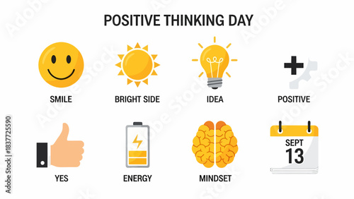 Graphic display for Positive Thinking Day featuring eight icons and labels