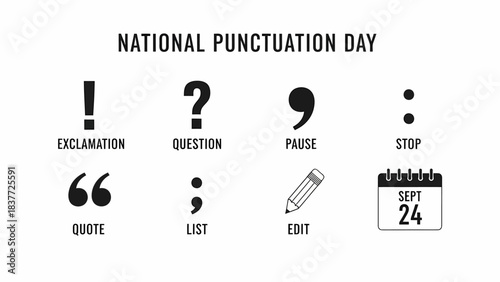 Graphic celebrating National Punctuation Day featuring symbols and calendar date September 24