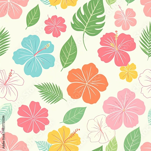Vibrant Tropical Hibiscus Flower Seamless Pattern, Colorful Floral Background Design