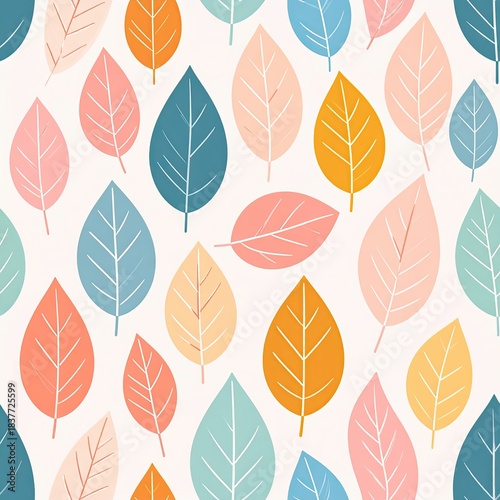 Pastel Leaves Seamless Pattern, Colorful Foliage Background, Botanical Design